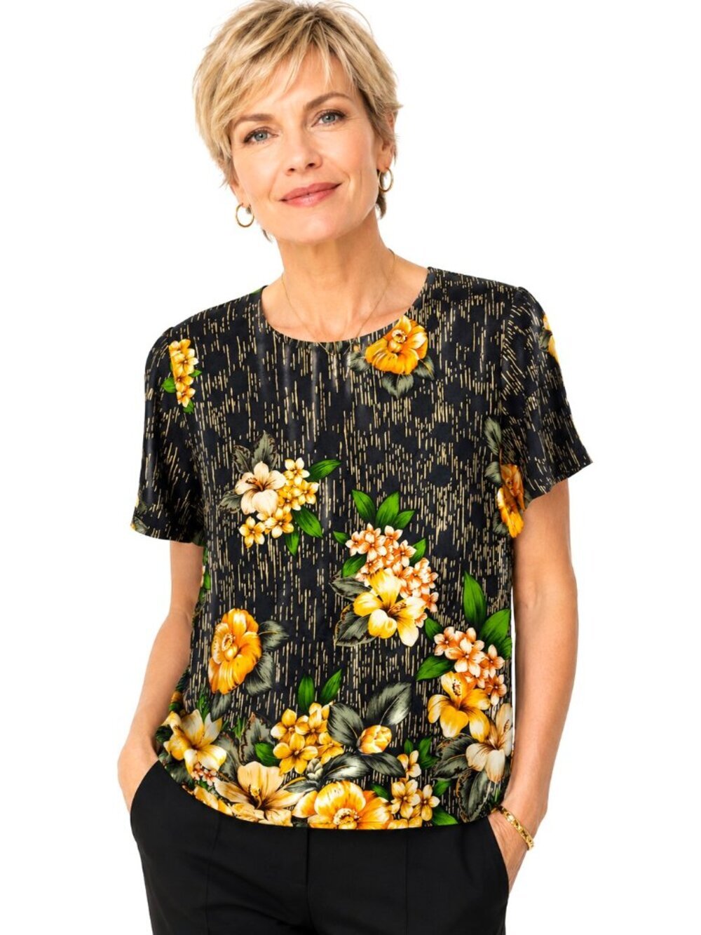 Worth Black Yellow Floral Silk Short Sleeve Top